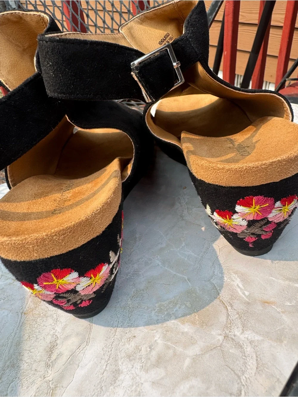 Black Swede  Comfortview , Open-Toe Wedge Sandals with Floral Heel, Size 10 WW.
